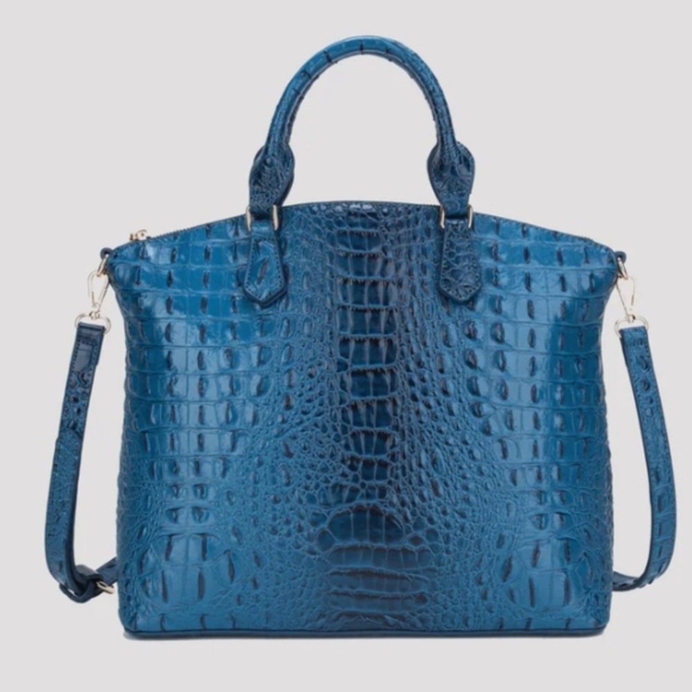 Croc-Embossed Blue Tote Bag with Detachable Strap